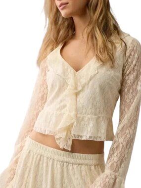 NWOT American Eagle Cream Lace Bell Sleeve Ruffle Festival Lined Blouse - XS